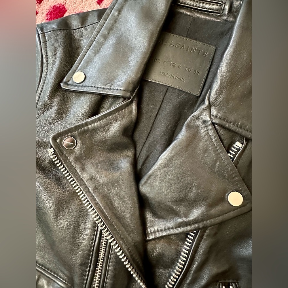 All Saints Black Leather Crop Biker Jacket - Picture 6 of 14